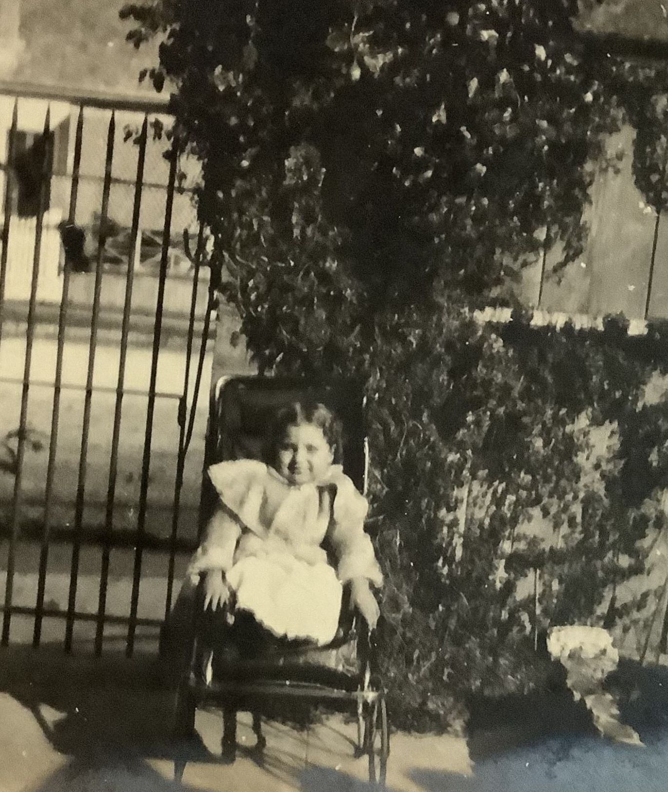 A yellowed black and white photo of a girl in a frilly dress sitting in a wheelchair. Sheehan posed in front of a large house with vines growing decoratively over the gate