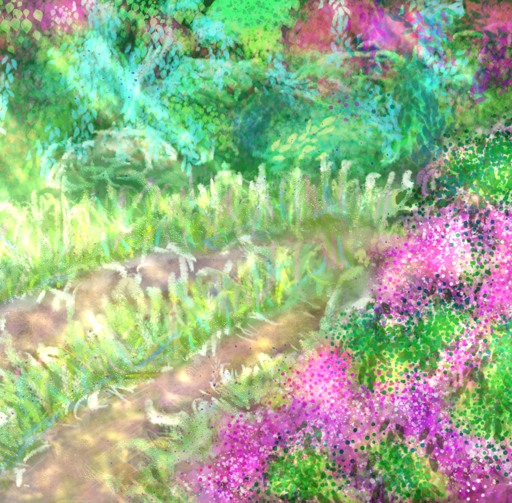 A colorful painting of an overgrown country road surrounded by vibrant woods and bushes with purple flowers. Rays of sunlight stream in from the left.