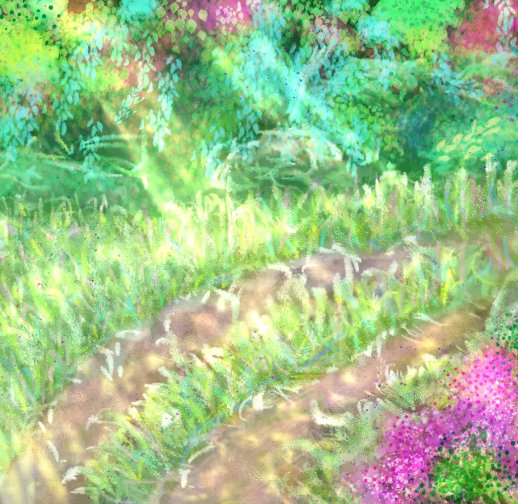 A colorful painting of an overgrown country road surrounded by vibrant woods and bushes with purple flowers. Rays of sunlight stream in from the left.