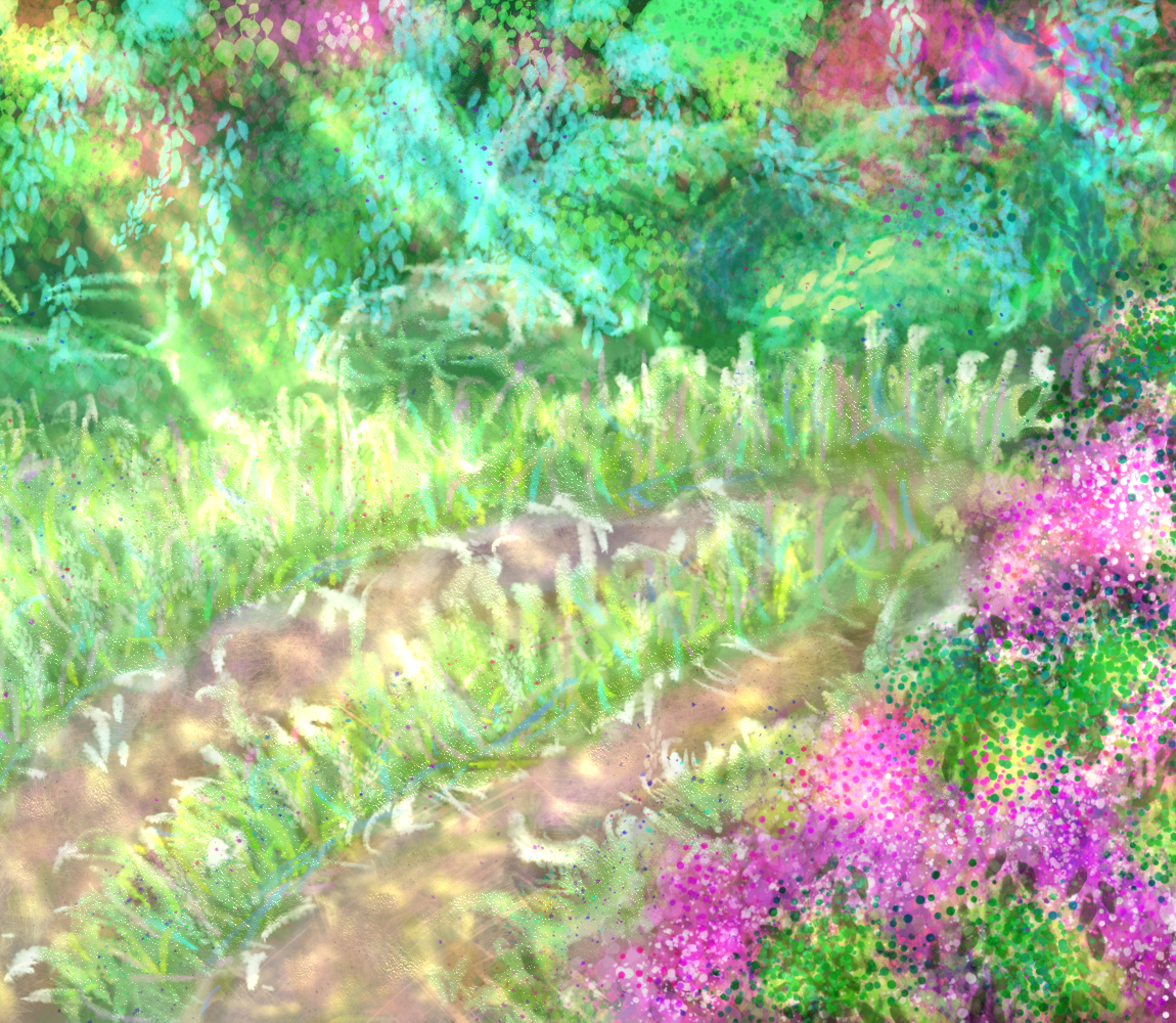 A colorful painting of an overgrown country road surrounded by vibrant woods and bushes with purple flowers. Rays of sunlight stream in from the left.