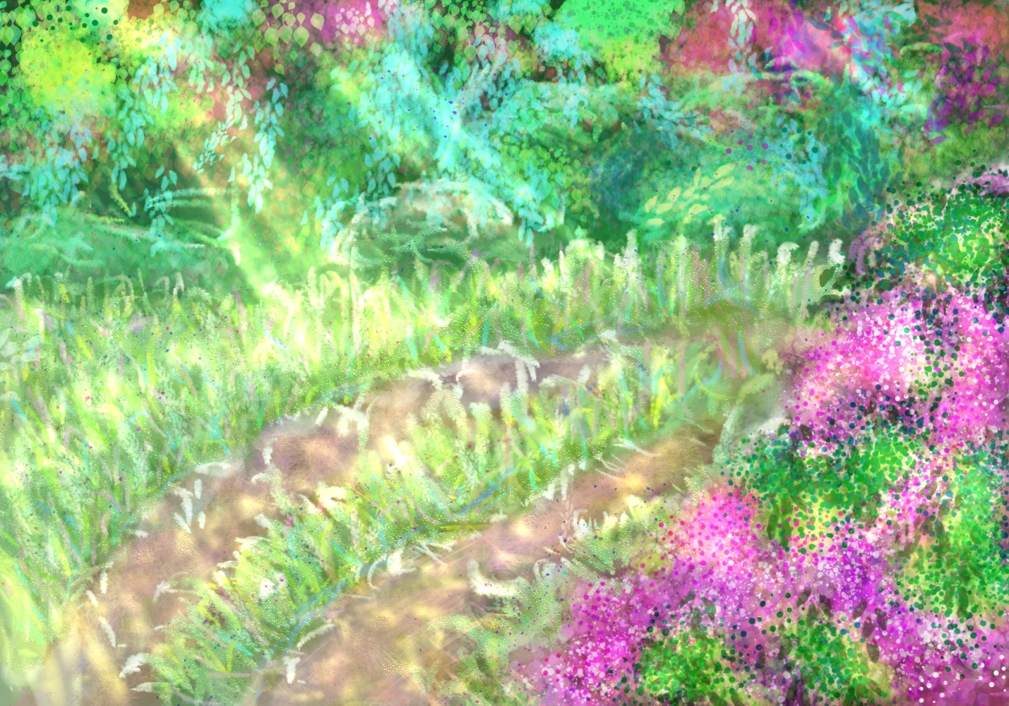 A colorful painting of an overgrown country road surrounded by vibrant woods and bushes with purple flowers. Rays of sunlight stream in from the left.
